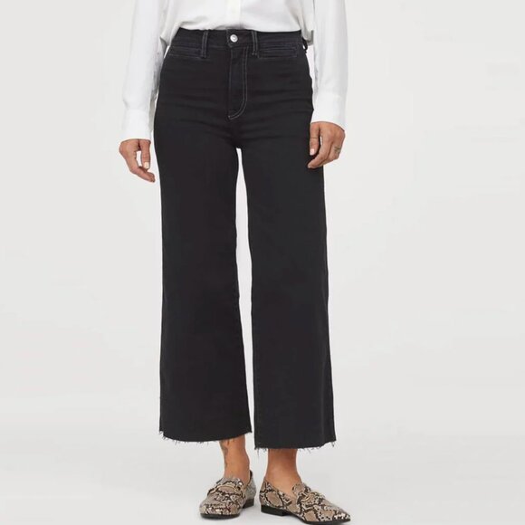 H&M Wide Cut High Rise Denim Pants Raw Hem Black Size 8 - Picture 1 of 11
